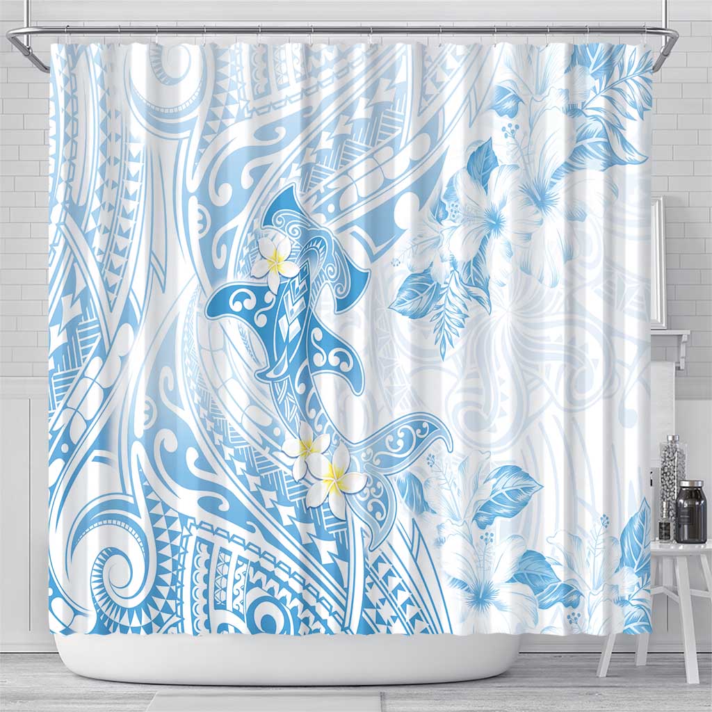 Polynesia Hammerhead Shark Shower Curtain Tropical Flowers Tribal Pattern Blue