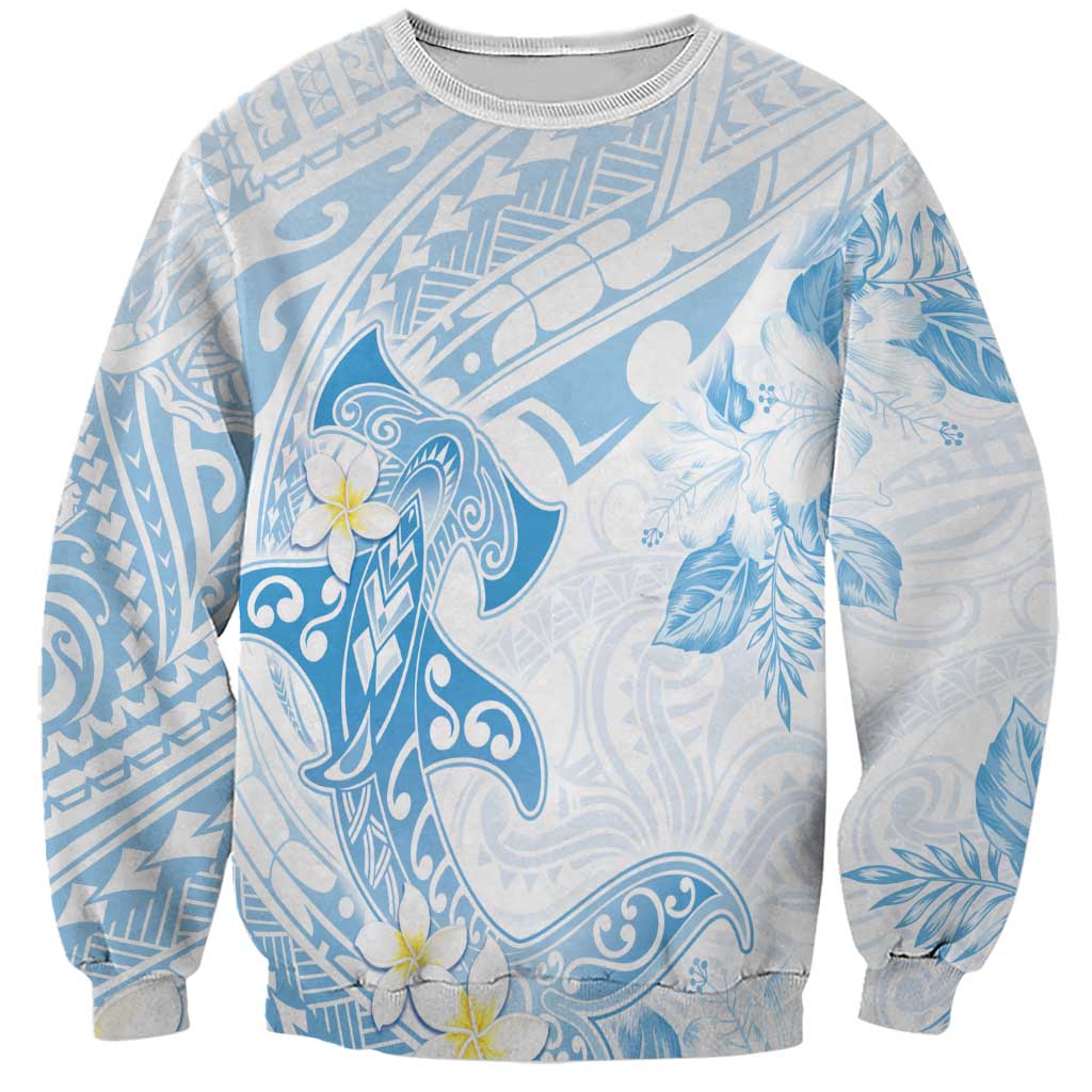 Polynesia Hammerhead Shark Sweatshirt Tropical Flowers Tribal Pattern Blue