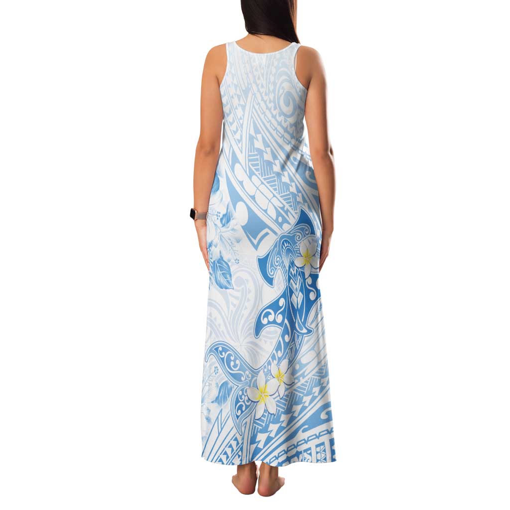 Polynesia Hammerhead Shark Tank Maxi Dress Tropical Flowers Tribal Pattern Blue