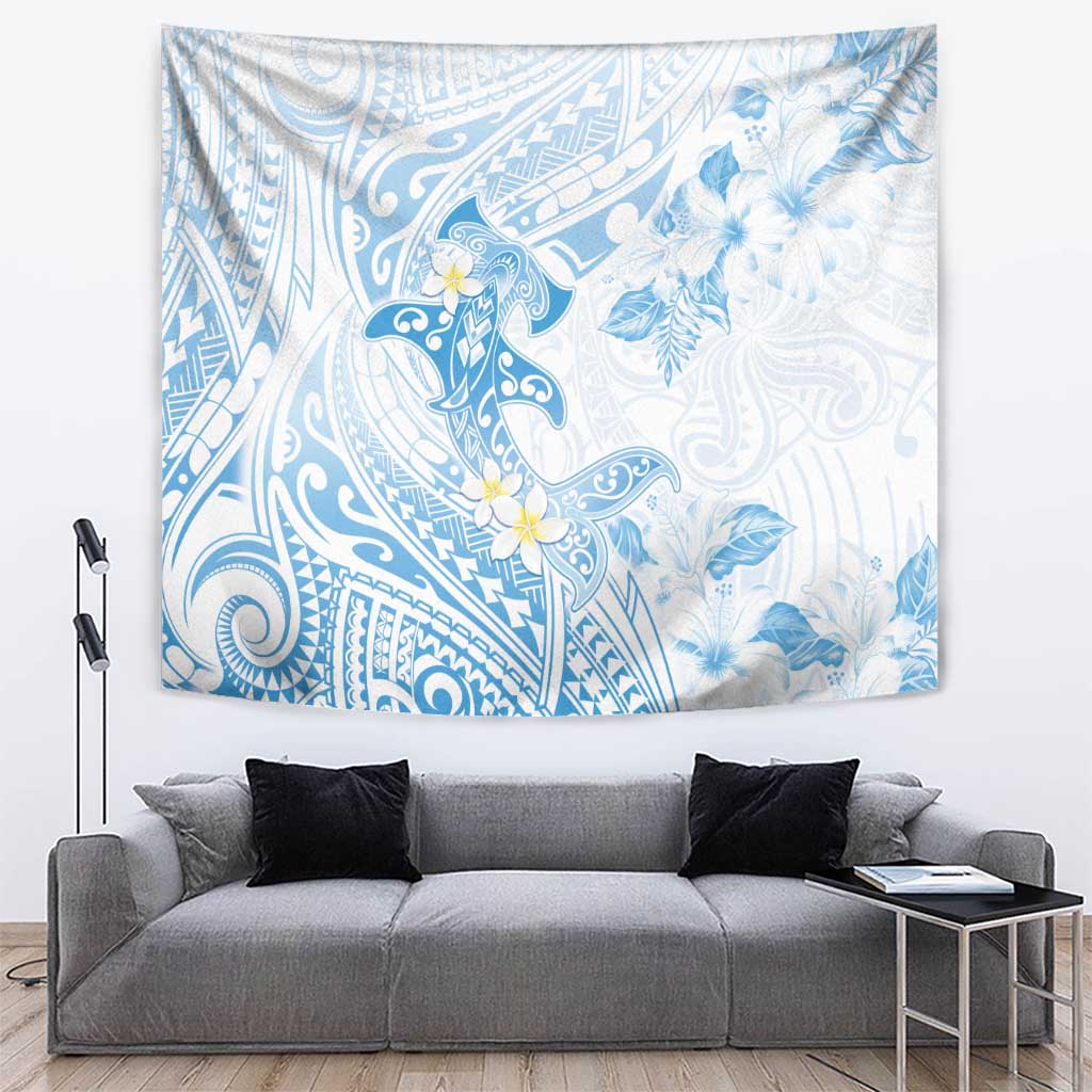 Polynesia Hammerhead Shark Tapestry Tropical Flowers Tribal Pattern Blue LT05 Blue - Polynesian Pride