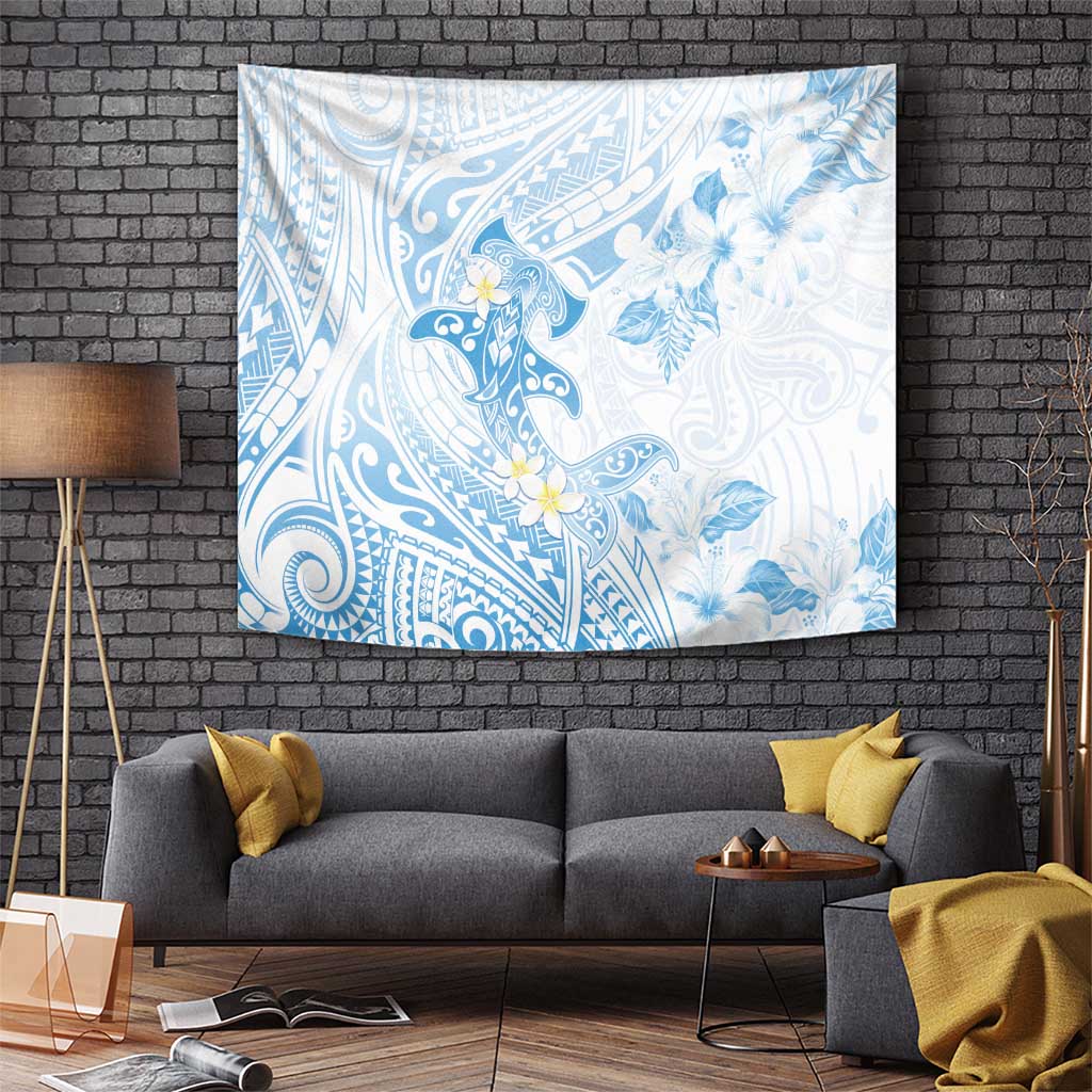Polynesia Hammerhead Shark Tapestry Tropical Flowers Tribal Pattern Blue