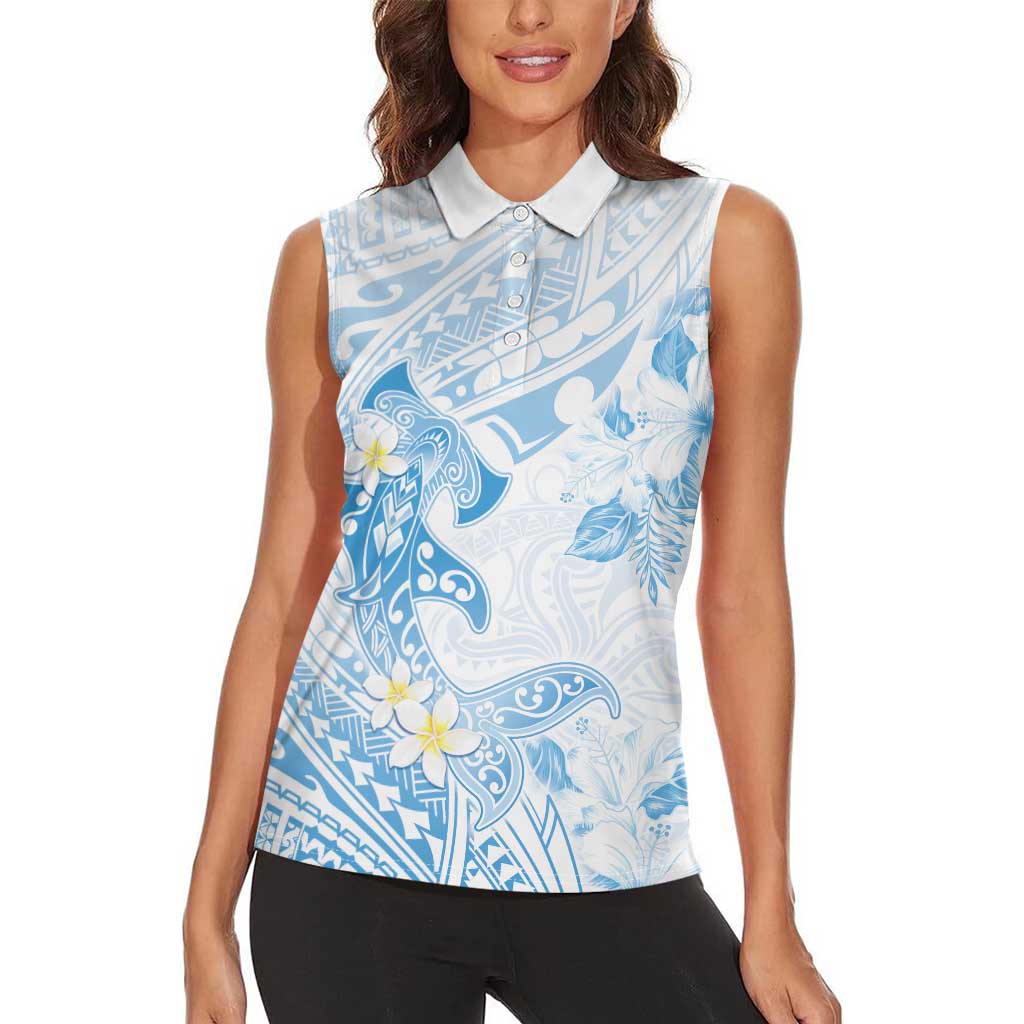 Polynesia Hammerhead Shark Women Sleeveless Polo Shirt Tropical Flowers Tribal Pattern Blue