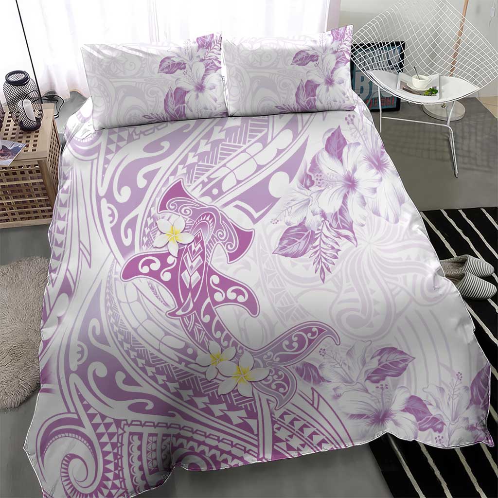 Polynesia Hammerhead Shark Bedding Set Tropical Flowers Tribal Pattern Lavender