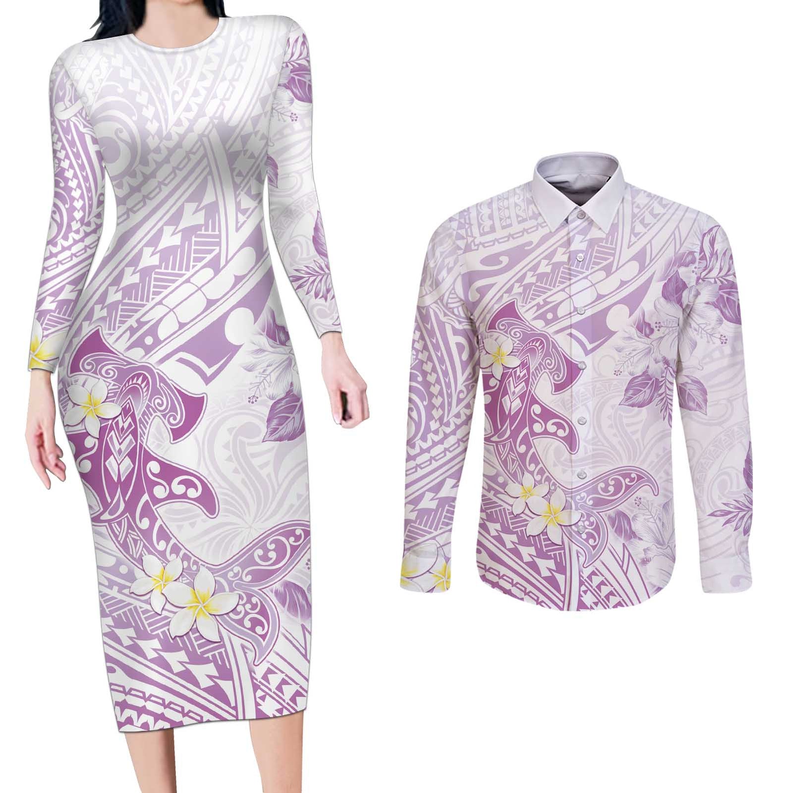 Polynesia Hammerhead Shark Couples Matching Long Sleeve Bodycon Dress and Long Sleeve Button Shirt Tropical Flowers Tribal Pattern Lavender LT05 Purple - Polynesian Pride