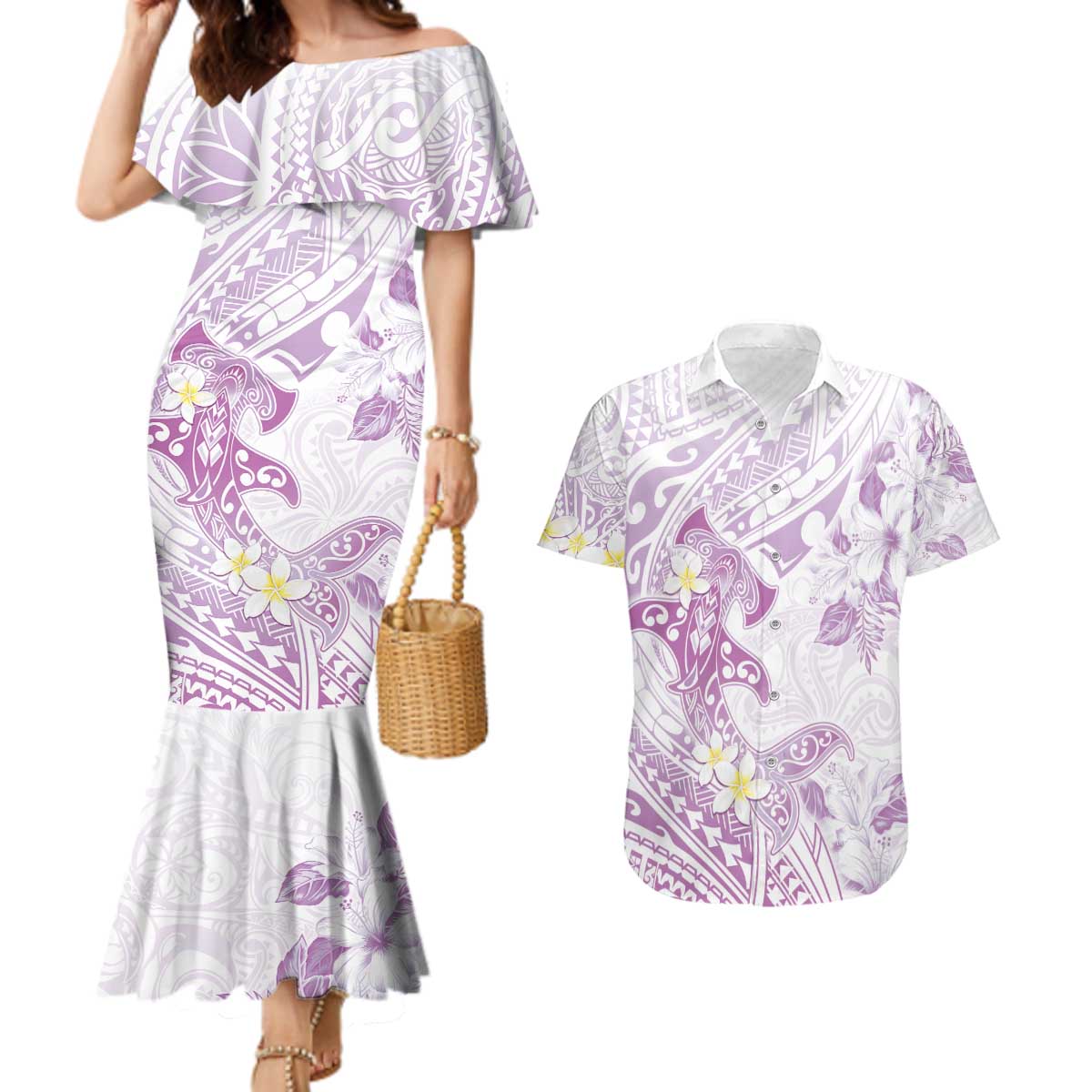Polynesia Hammerhead Shark Couples Matching Mermaid Dress and Hawaiian Shirt Tropical Flowers Tribal Pattern Lavender LT05 Purple - Polynesian Pride