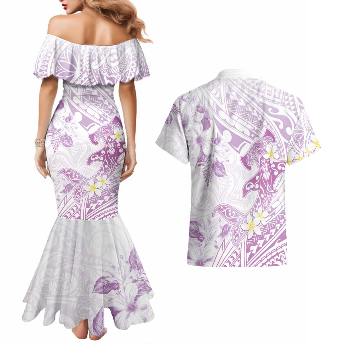 Polynesia Hammerhead Shark Couples Matching Mermaid Dress and Hawaiian Shirt Tropical Flowers Tribal Pattern Lavender LT05 - Polynesian Pride
