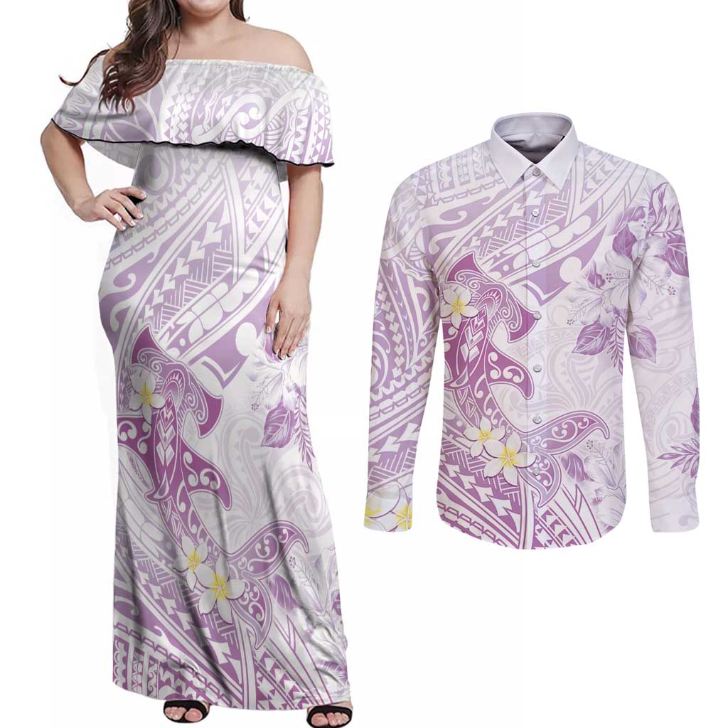 Polynesia Hammerhead Shark Couples Matching Off Shoulder Maxi Dress and Long Sleeve Button Shirt Tropical Flowers Tribal Pattern Lavender