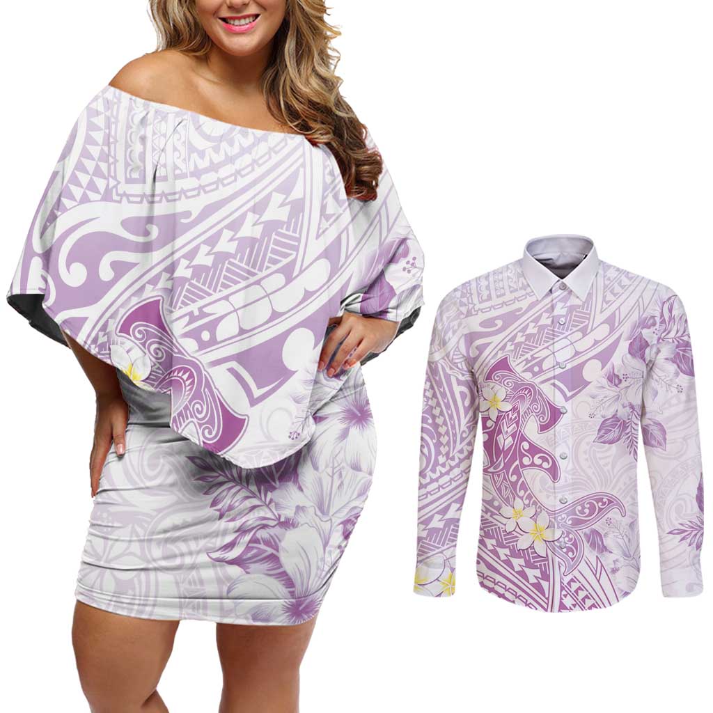 Polynesia Hammerhead Shark Couples Matching Off Shoulder Short Dress and Long Sleeve Button Shirt Tropical Flowers Tribal Pattern Lavender LT05 Purple - Polynesian Pride