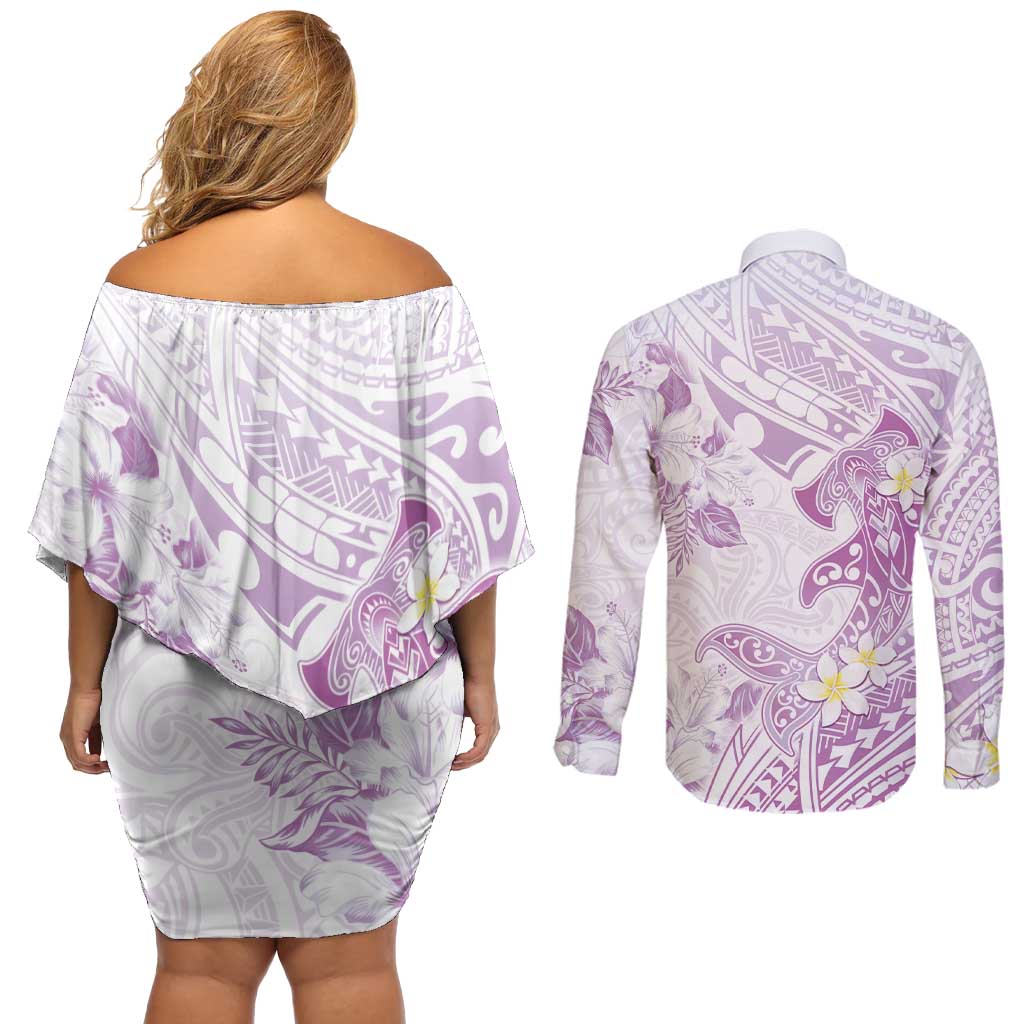 Polynesia Hammerhead Shark Couples Matching Off Shoulder Short Dress and Long Sleeve Button Shirt Tropical Flowers Tribal Pattern Lavender