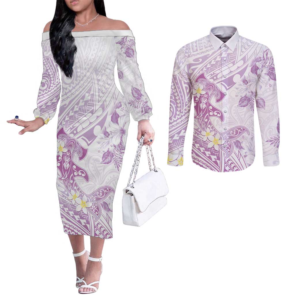 Polynesia Hammerhead Shark Couples Matching Off The Shoulder Long Sleeve Dress and Long Sleeve Button Shirt Tropical Flowers Tribal Pattern Lavender LT05 Purple - Polynesian Pride