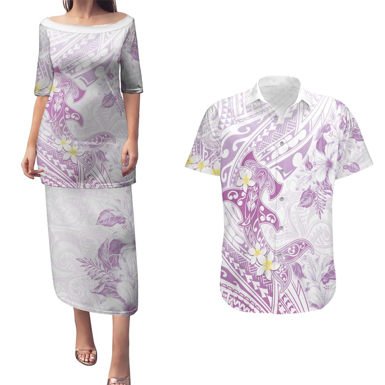 Polynesia Hammerhead Shark Couples Matching Puletasi and Hawaiian Shirt Tropical Flowers Tribal Pattern Lavender LT05 Purple - Polynesian Pride
