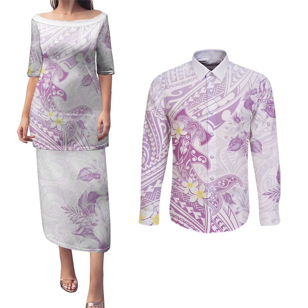 Polynesia Hammerhead Shark Couples Matching Puletasi and Long Sleeve Button Shirt Tropical Flowers Tribal Pattern Lavender LT05 Purple - Polynesian Pride