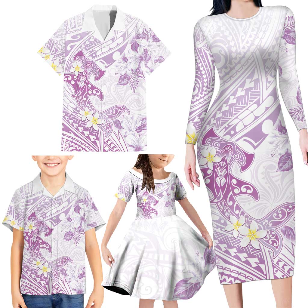 Polynesia Hammerhead Shark Family Matching Long Sleeve Bodycon Dress and Hawaiian Shirt Tropical Flowers Tribal Pattern Lavender LT05 - Polynesian Pride