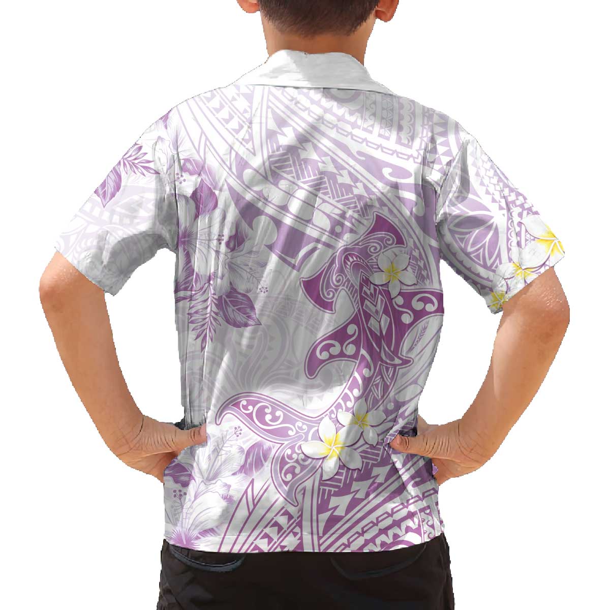 Polynesia Hammerhead Shark Family Matching Off Shoulder Short Dress and Hawaiian Shirt Tropical Flowers Tribal Pattern Lavender LT05 - Polynesian Pride