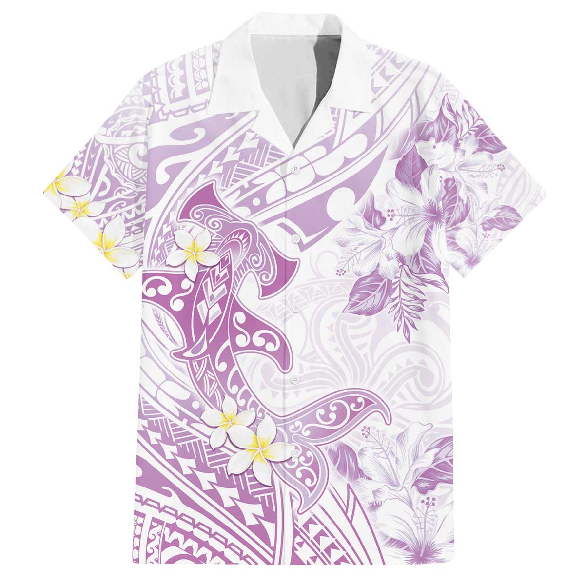 Polynesia Hammerhead Shark Family Matching Off Shoulder Short Dress and Hawaiian Shirt Tropical Flowers Tribal Pattern Lavender LT05 Dad's Shirt - Short Sleeve Purple - Polynesian Pride