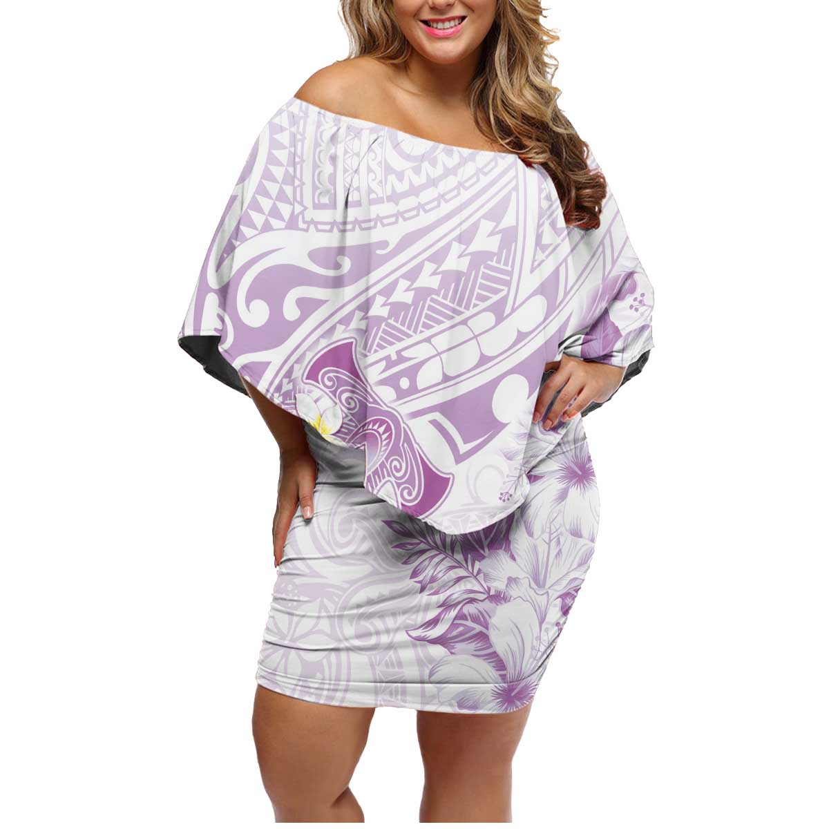 Polynesia Hammerhead Shark Family Matching Off Shoulder Short Dress and Hawaiian Shirt Tropical Flowers Tribal Pattern Lavender LT05 Mom's Dress Purple - Polynesian Pride