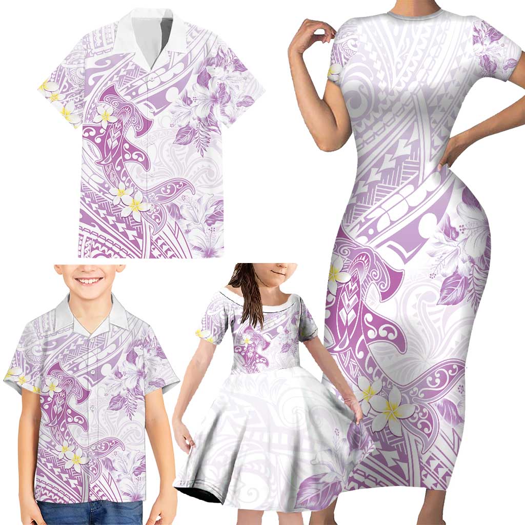 Polynesia Hammerhead Shark Family Matching Short Sleeve Bodycon Dress and Hawaiian Shirt Tropical Flowers Tribal Pattern Lavender LT05 - Polynesian Pride