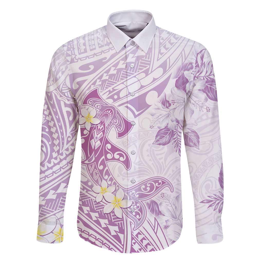 Polynesia Hammerhead Shark Family Matching Summer Maxi Dress and Hawaiian Shirt Tropical Flowers Tribal Pattern Lavender LT05 Dad's Shirt - Long Sleeve Purple - Polynesian Pride