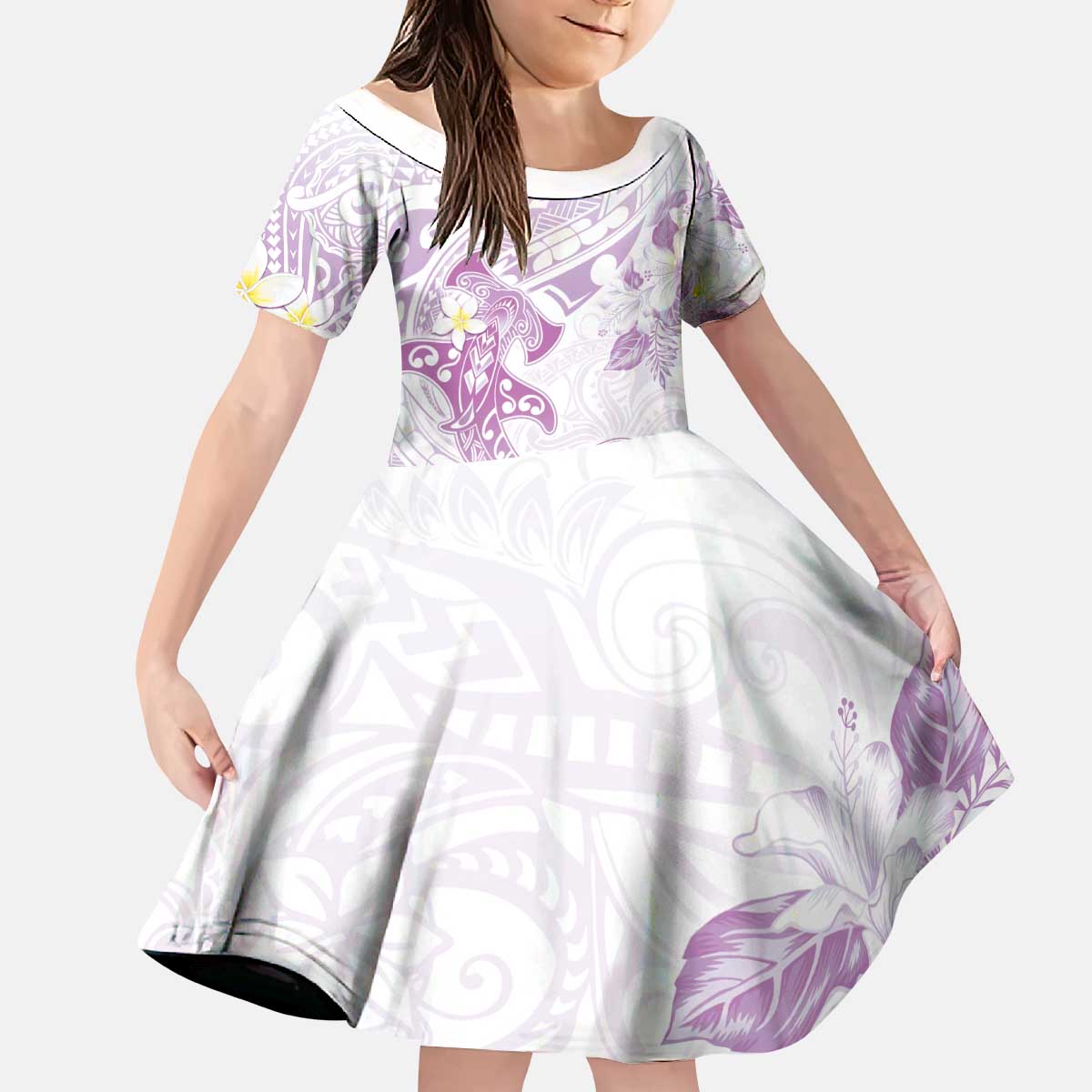 Polynesia Hammerhead Shark Kid Short Sleeve Dress Tropical Flowers Tribal Pattern Lavender