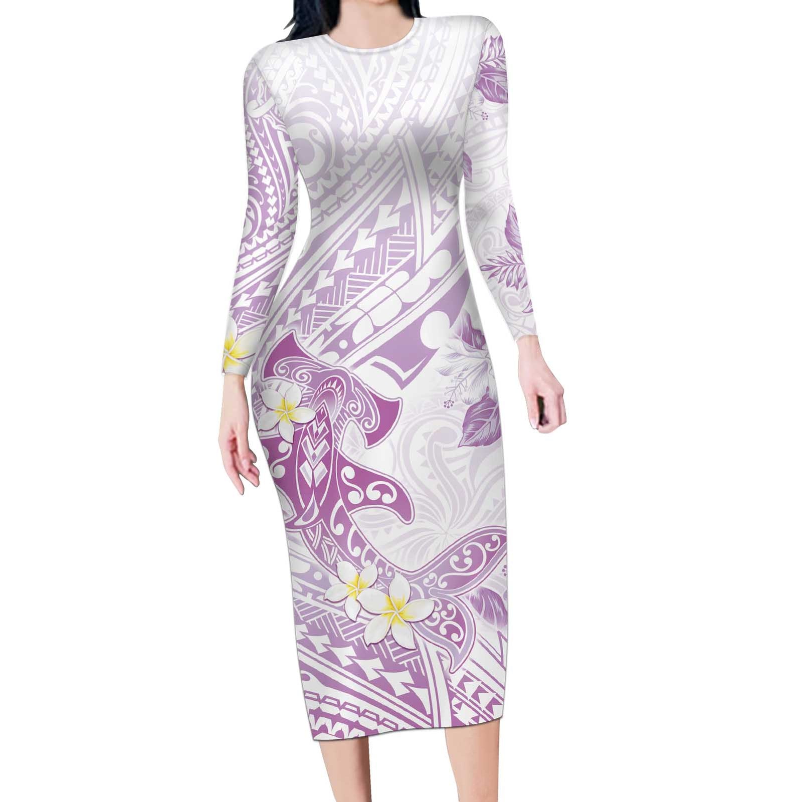 Polynesia Hammerhead Shark Long Sleeve Bodycon Dress Tropical Flowers Tribal Pattern Lavender LT05 Long Dress Purple - Polynesian Pride