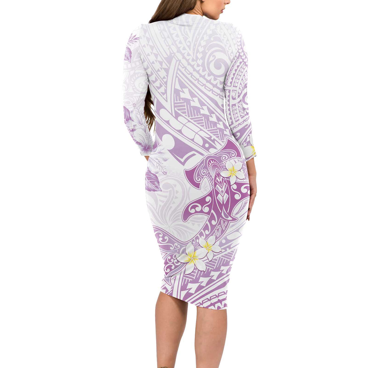 Polynesia Hammerhead Shark Long Sleeve Bodycon Dress Tropical Flowers Tribal Pattern Lavender