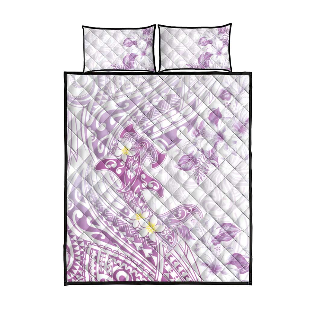 Polynesia Hammerhead Shark Quilt Bed Set Tropical Flowers Tribal Pattern Lavender