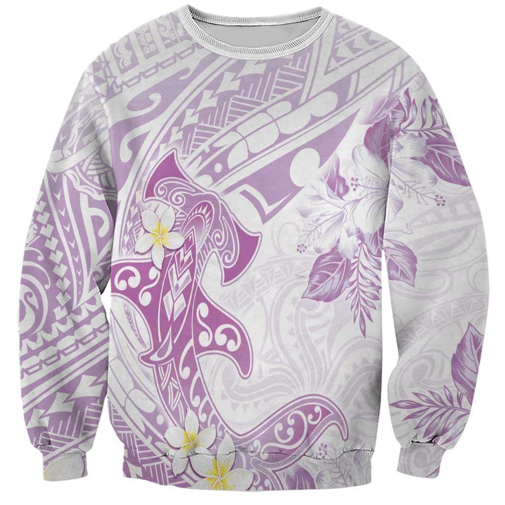 Polynesia Hammerhead Shark Sweatshirt Tropical Flowers Tribal Pattern Lavender