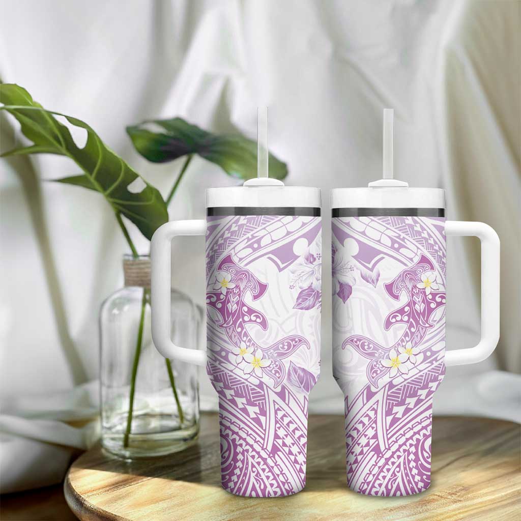 Polynesia Hammerhead Shark Tumbler With Handle Tropical Flowers Tribal Pattern Lavender