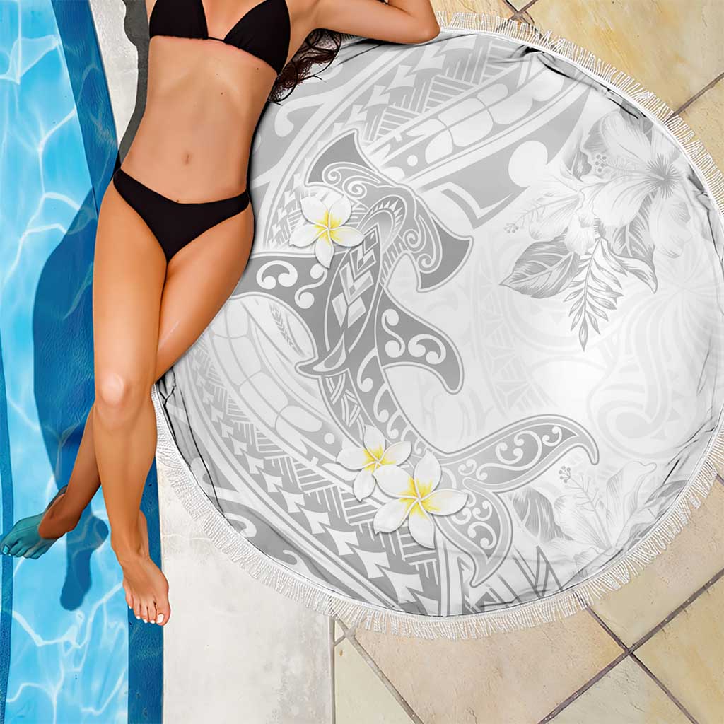 Polynesia Hammerhead Shark Beach Blanket Tropical Flowers Tribal Pattern White