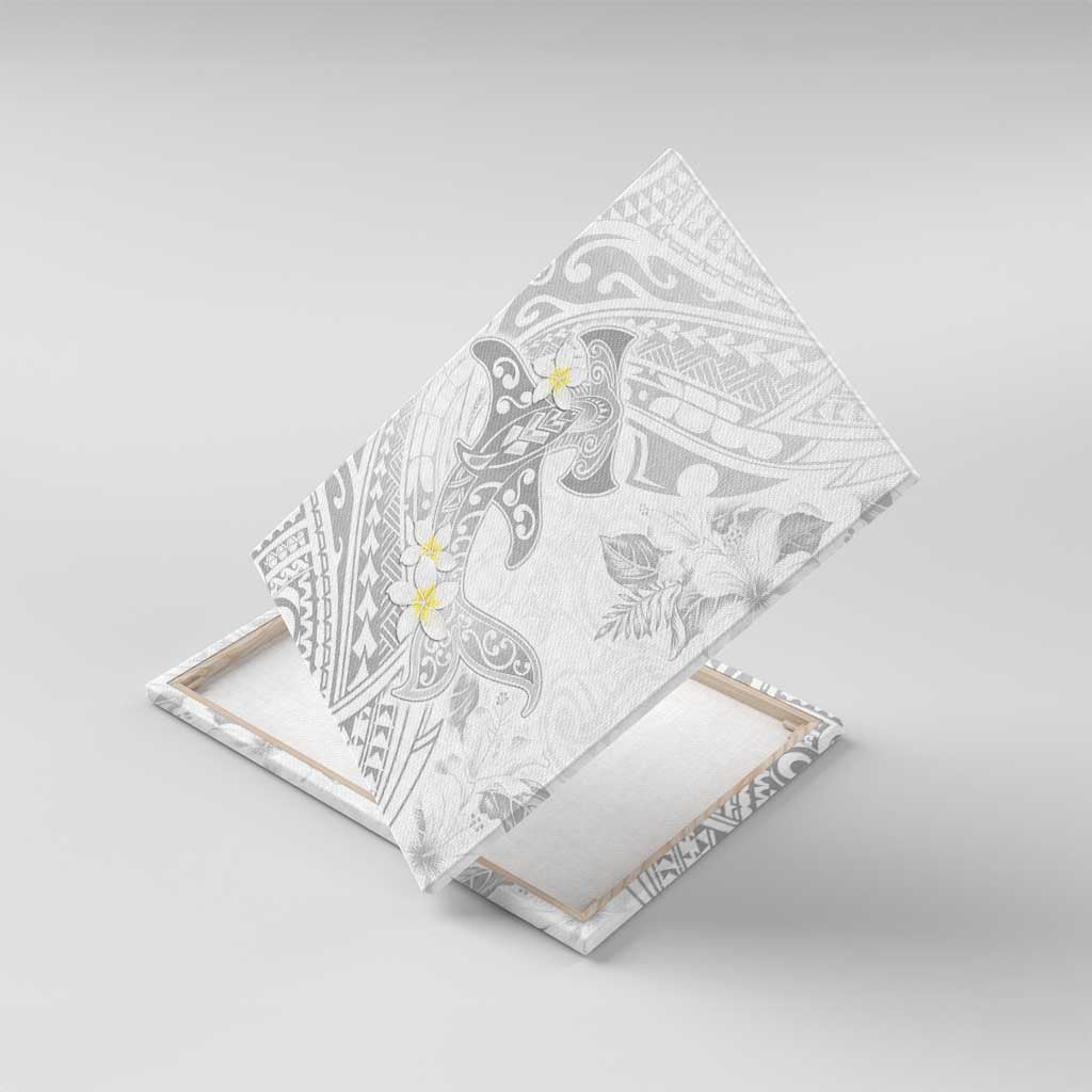 Polynesia Hammerhead Shark Canvas Wall Art Tropical Flowers Tribal Pattern White