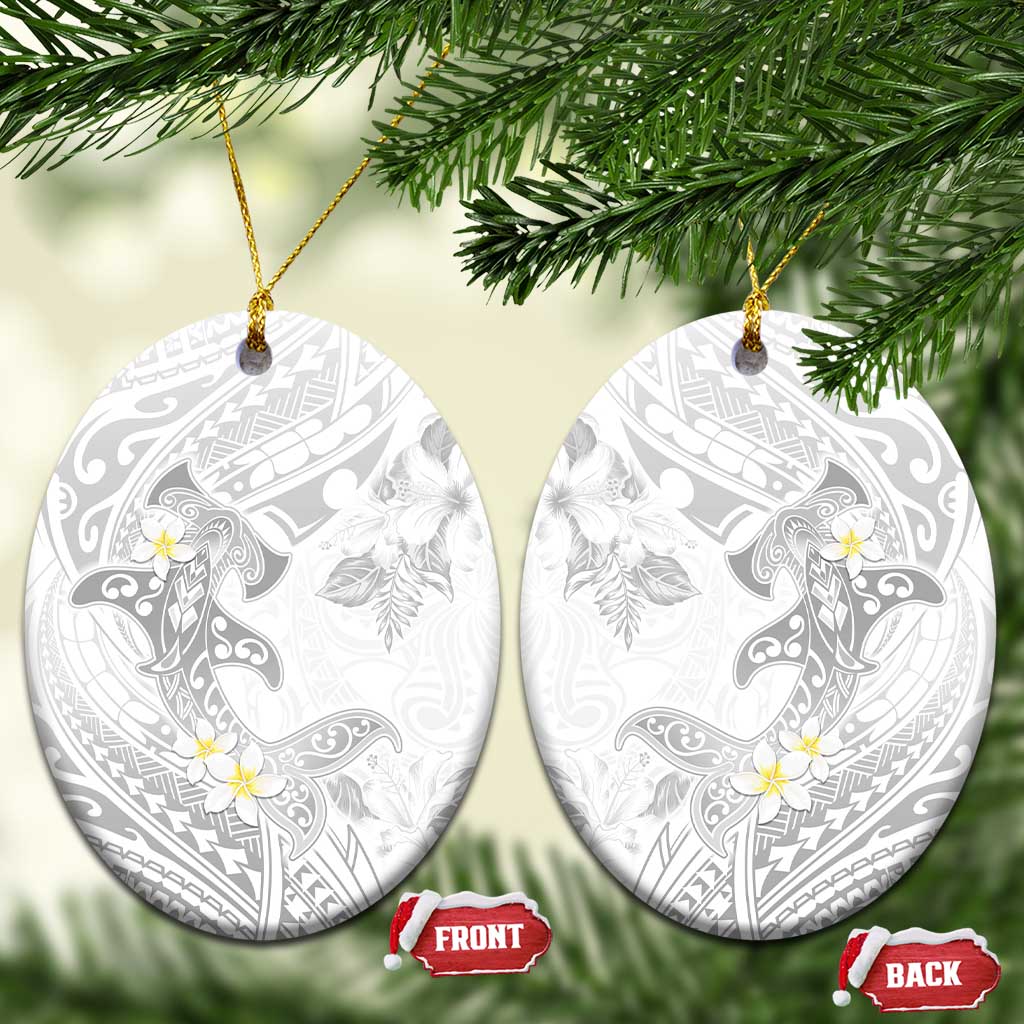 Polynesia Hammerhead Shark Ceramic Ornament Tropical Flowers Tribal Pattern White