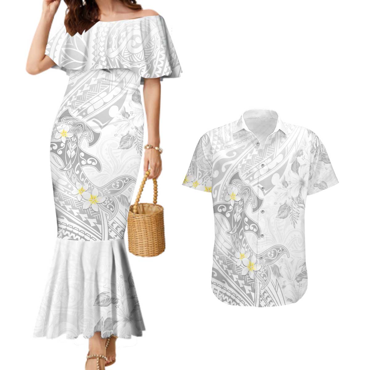 Polynesia Hammerhead Shark Couples Matching Mermaid Dress and Hawaiian Shirt Tropical Flowers Tribal Pattern White LT05 White - Polynesian Pride