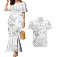 Polynesia Hammerhead Shark Couples Matching Mermaid Dress and Hawaiian Shirt Tropical Flowers Tribal Pattern White LT05 White - Polynesian Pride