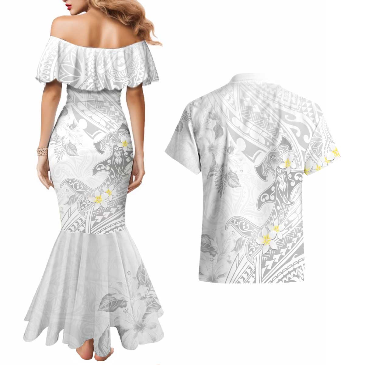 Polynesia Hammerhead Shark Couples Matching Mermaid Dress and Hawaiian Shirt Tropical Flowers Tribal Pattern White LT05 - Polynesian Pride