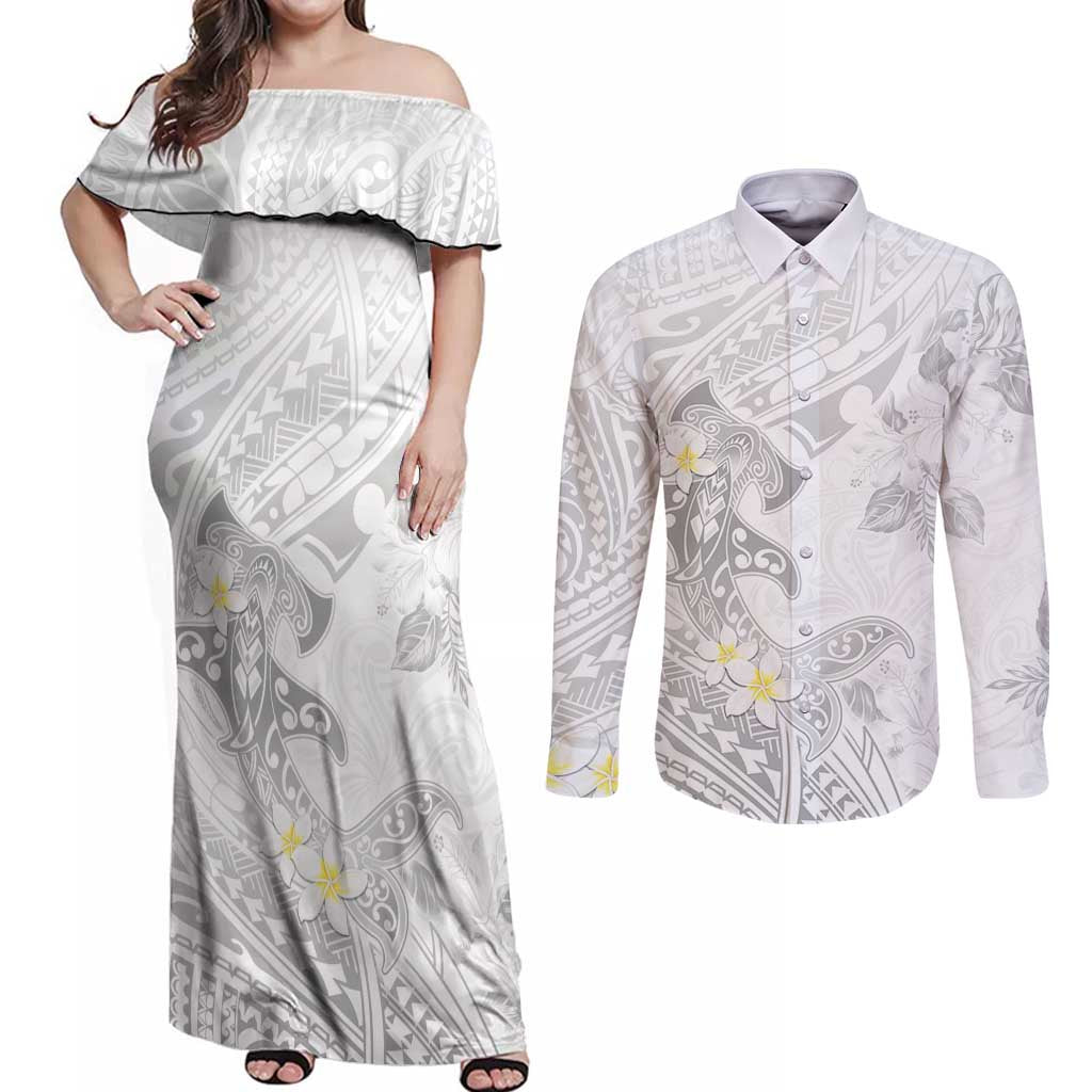Polynesia Hammerhead Shark Couples Matching Off Shoulder Maxi Dress and Long Sleeve Button Shirt Tropical Flowers Tribal Pattern White LT05 White - Polynesian Pride