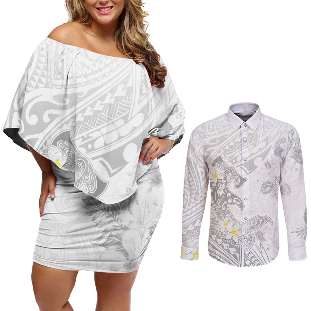 Polynesia Hammerhead Shark Couples Matching Off Shoulder Short Dress and Long Sleeve Button Shirt Tropical Flowers Tribal Pattern White LT05 White - Polynesian Pride