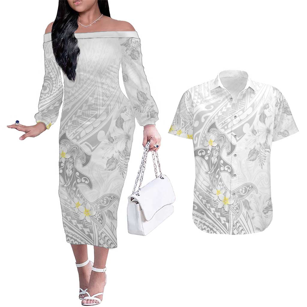 Polynesia Hammerhead Shark Couples Matching Off The Shoulder Long Sleeve Dress and Hawaiian Shirt Tropical Flowers Tribal Pattern White LT05 White - Polynesian Pride
