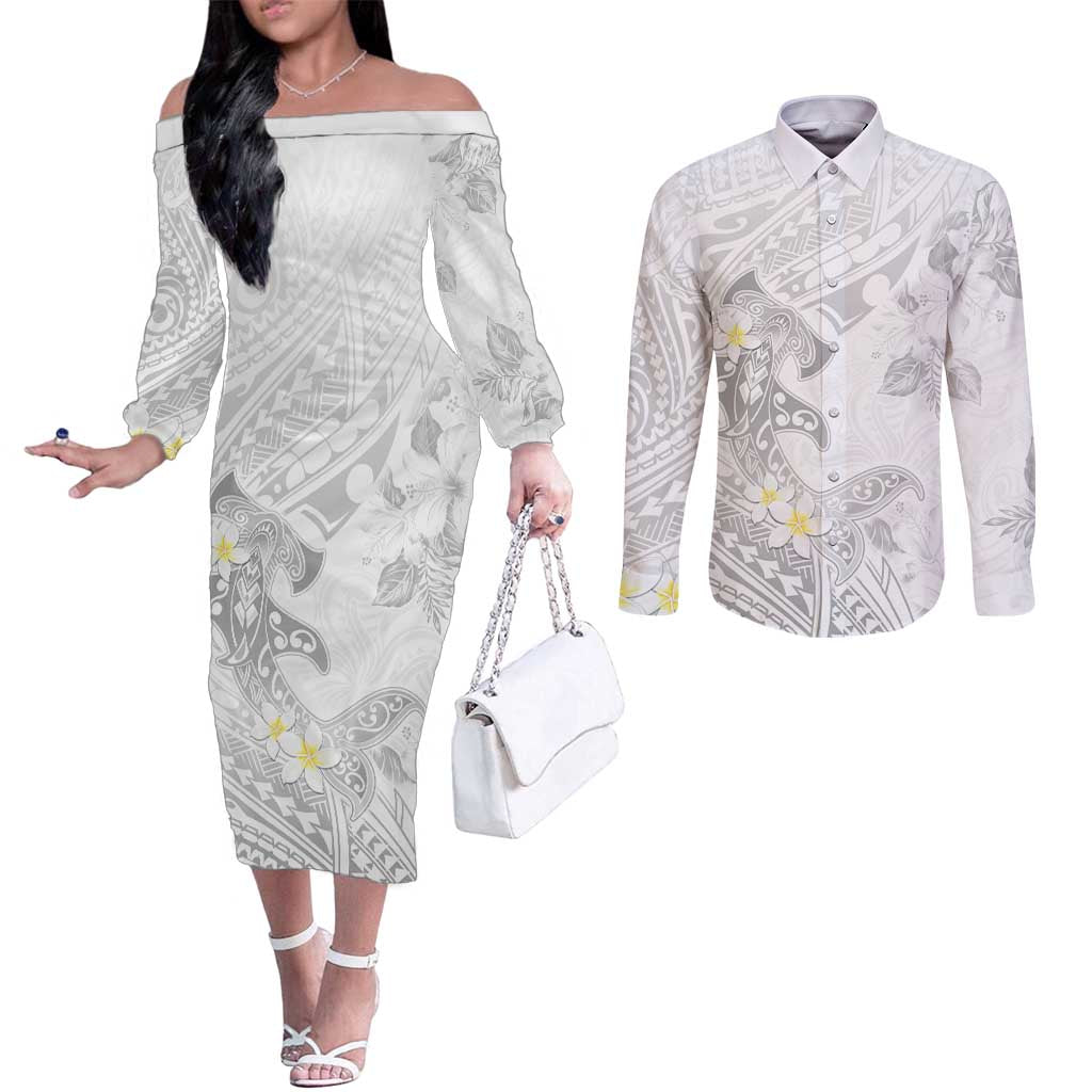 Polynesia Hammerhead Shark Couples Matching Off The Shoulder Long Sleeve Dress and Long Sleeve Button Shirt Tropical Flowers Tribal Pattern White LT05 White - Polynesian Pride