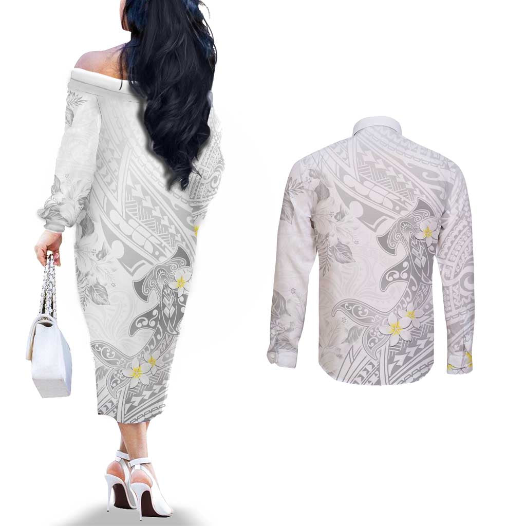 Polynesia Hammerhead Shark Couples Matching Off The Shoulder Long Sleeve Dress and Long Sleeve Button Shirt Tropical Flowers Tribal Pattern White