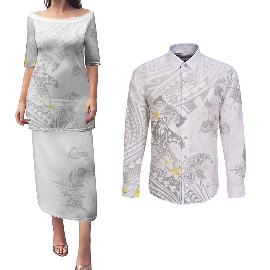 Polynesia Hammerhead Shark Couples Matching Puletasi and Long Sleeve Button Shirt Tropical Flowers Tribal Pattern White LT05 White - Polynesian Pride