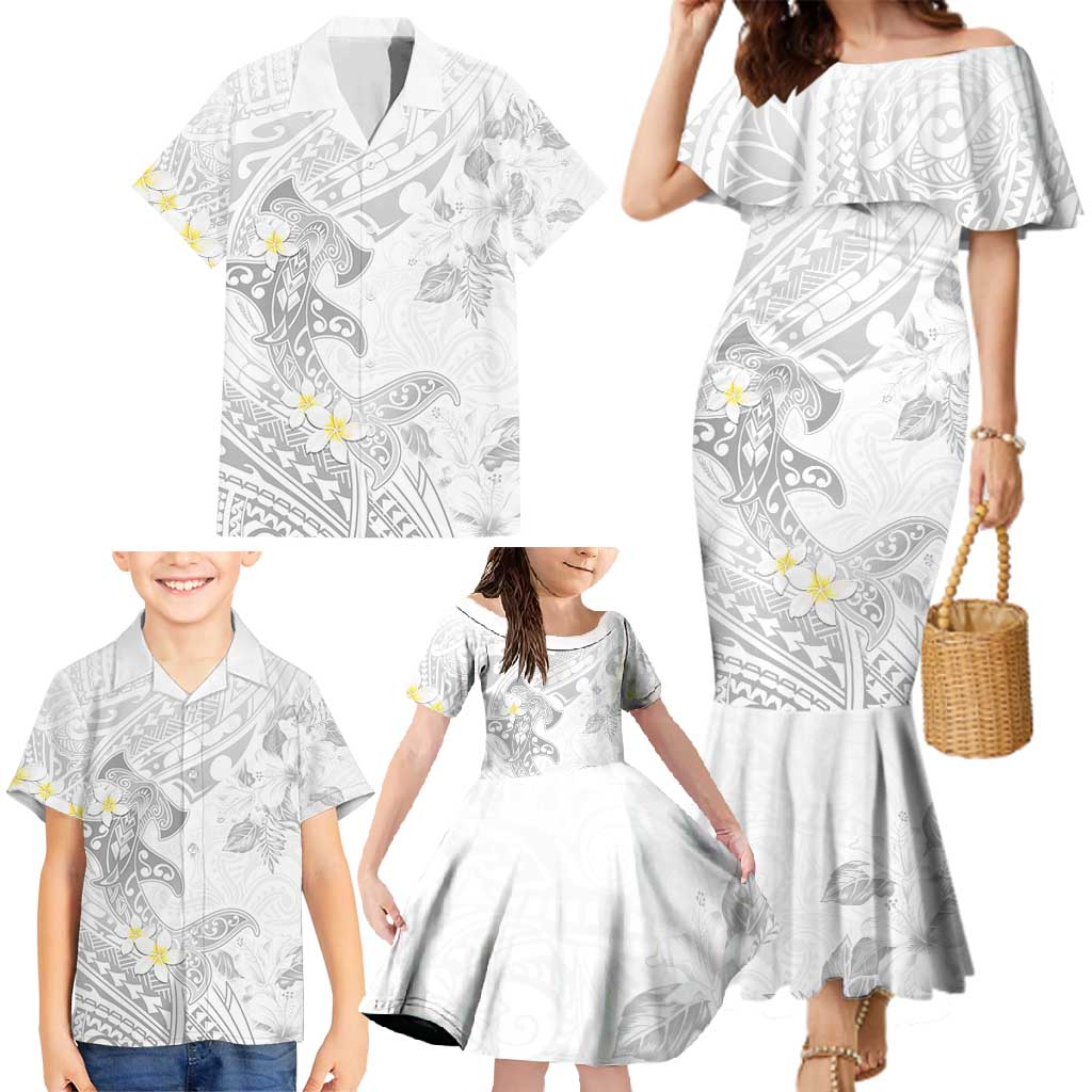 Polynesia Hammerhead Shark Family Matching Mermaid Dress and Hawaiian Shirt Tropical Flowers Tribal Pattern White LT05 - Polynesian Pride