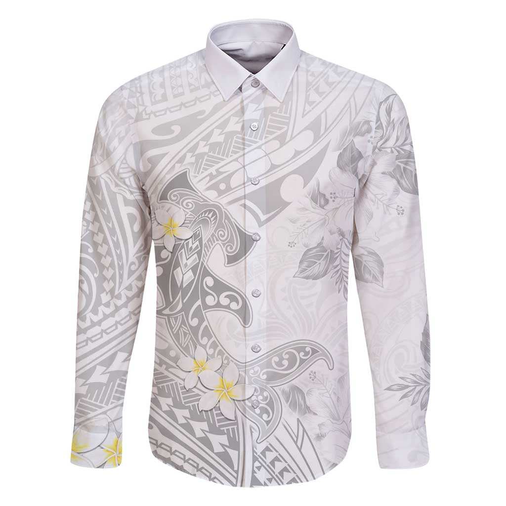 Polynesia Hammerhead Shark Family Matching Mermaid Dress and Hawaiian Shirt Tropical Flowers Tribal Pattern White LT05 Dad's Shirt - Long Sleeve White - Polynesian Pride