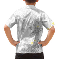 Polynesia Hammerhead Shark Family Matching Off The Shoulder Long Sleeve Dress and Hawaiian Shirt Tropical Flowers Tribal Pattern White LT05 - Polynesian Pride