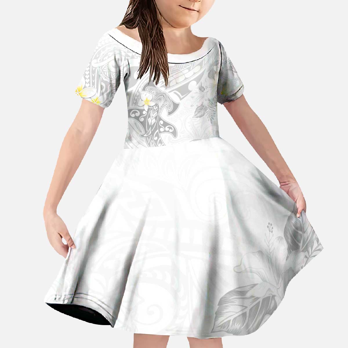 Polynesia Hammerhead Shark Family Matching Off The Shoulder Long Sleeve Dress and Hawaiian Shirt Tropical Flowers Tribal Pattern White LT05 Daughter's Dress White - Polynesian Pride