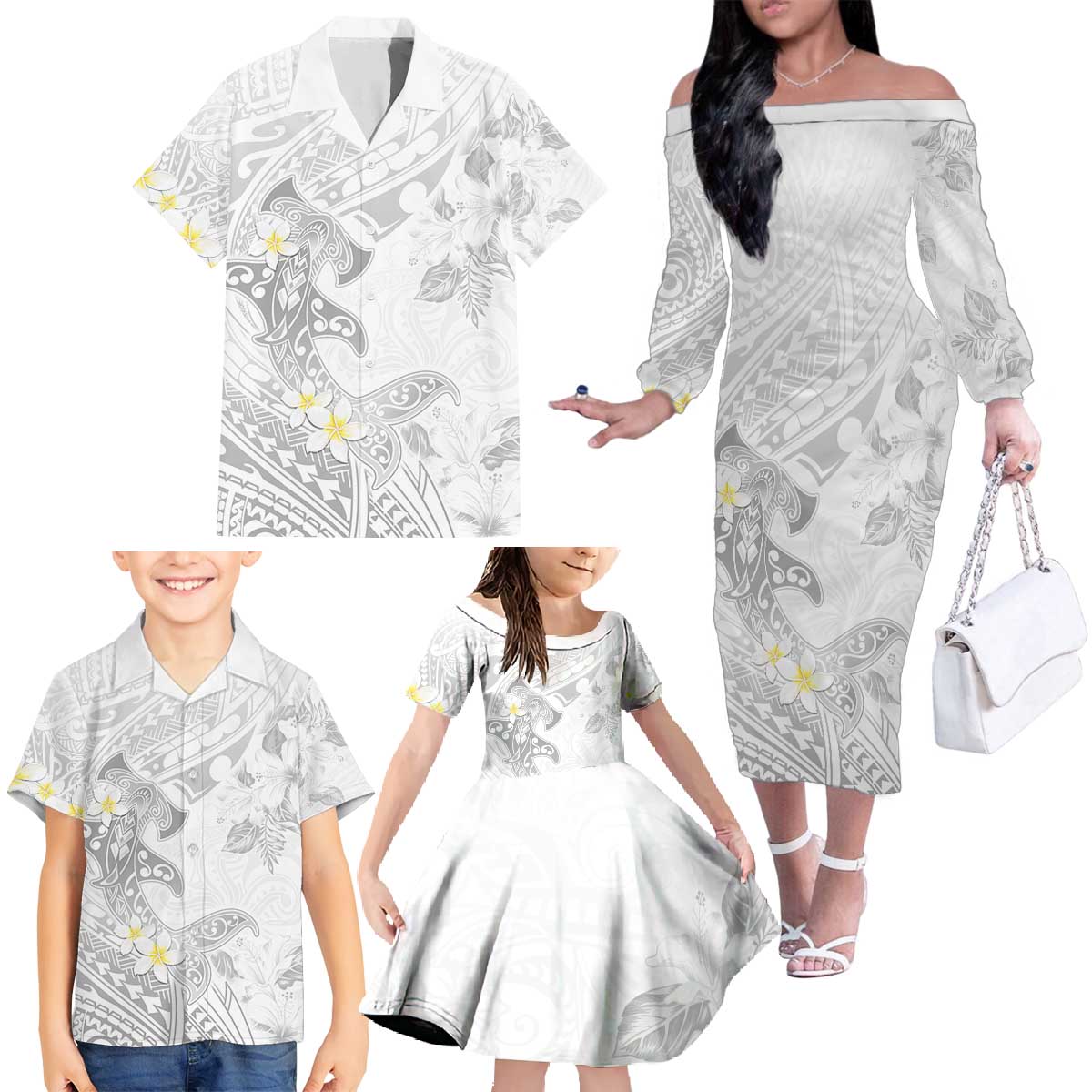 Polynesia Hammerhead Shark Family Matching Off The Shoulder Long Sleeve Dress and Hawaiian Shirt Tropical Flowers Tribal Pattern White LT05 - Polynesian Pride