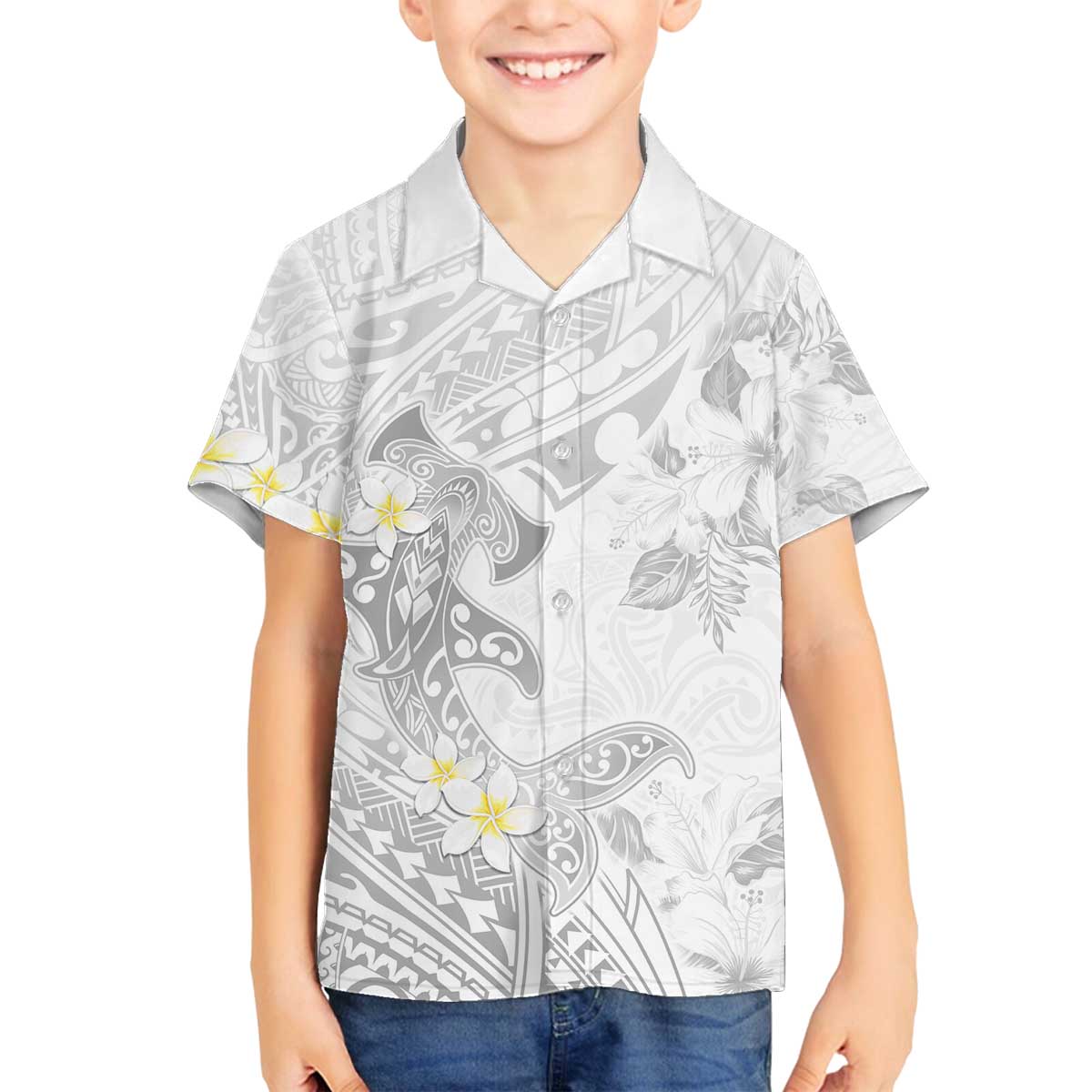 Polynesia Hammerhead Shark Family Matching Off The Shoulder Long Sleeve Dress and Hawaiian Shirt Tropical Flowers Tribal Pattern White LT05 Son's Shirt White - Polynesian Pride