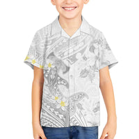 Polynesia Hammerhead Shark Family Matching Off The Shoulder Long Sleeve Dress and Hawaiian Shirt Tropical Flowers Tribal Pattern White LT05 Son's Shirt White - Polynesian Pride