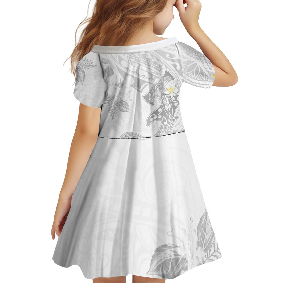 Polynesia Hammerhead Shark Family Matching Off Shoulder Short Dress and Hawaiian Shirt Tropical Flowers Tribal Pattern White LT05 - Polynesian Pride