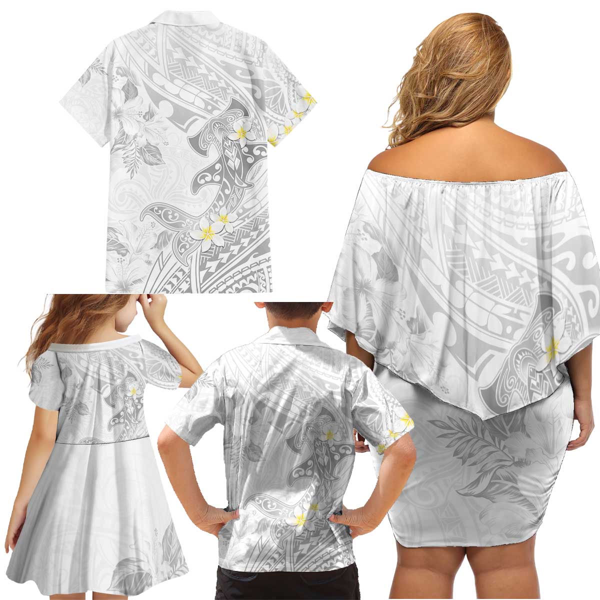 Polynesia Hammerhead Shark Family Matching Off Shoulder Short Dress and Hawaiian Shirt Tropical Flowers Tribal Pattern White LT05 - Polynesian Pride