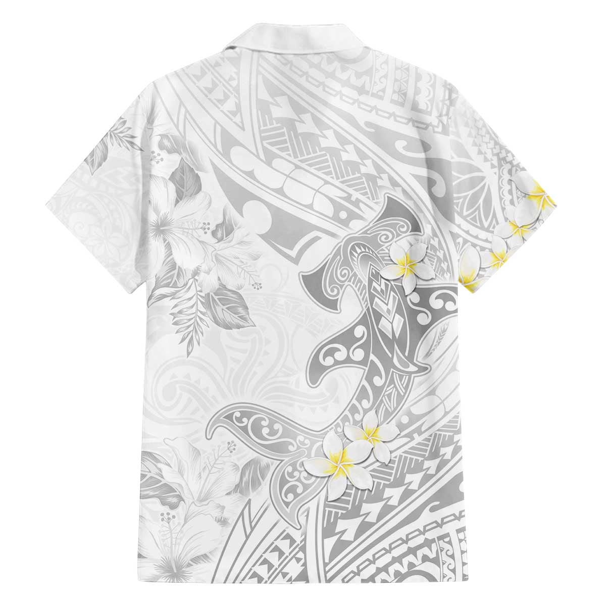 Polynesia Hammerhead Shark Family Matching Puletasi and Hawaiian Shirt Tropical Flowers Tribal Pattern White